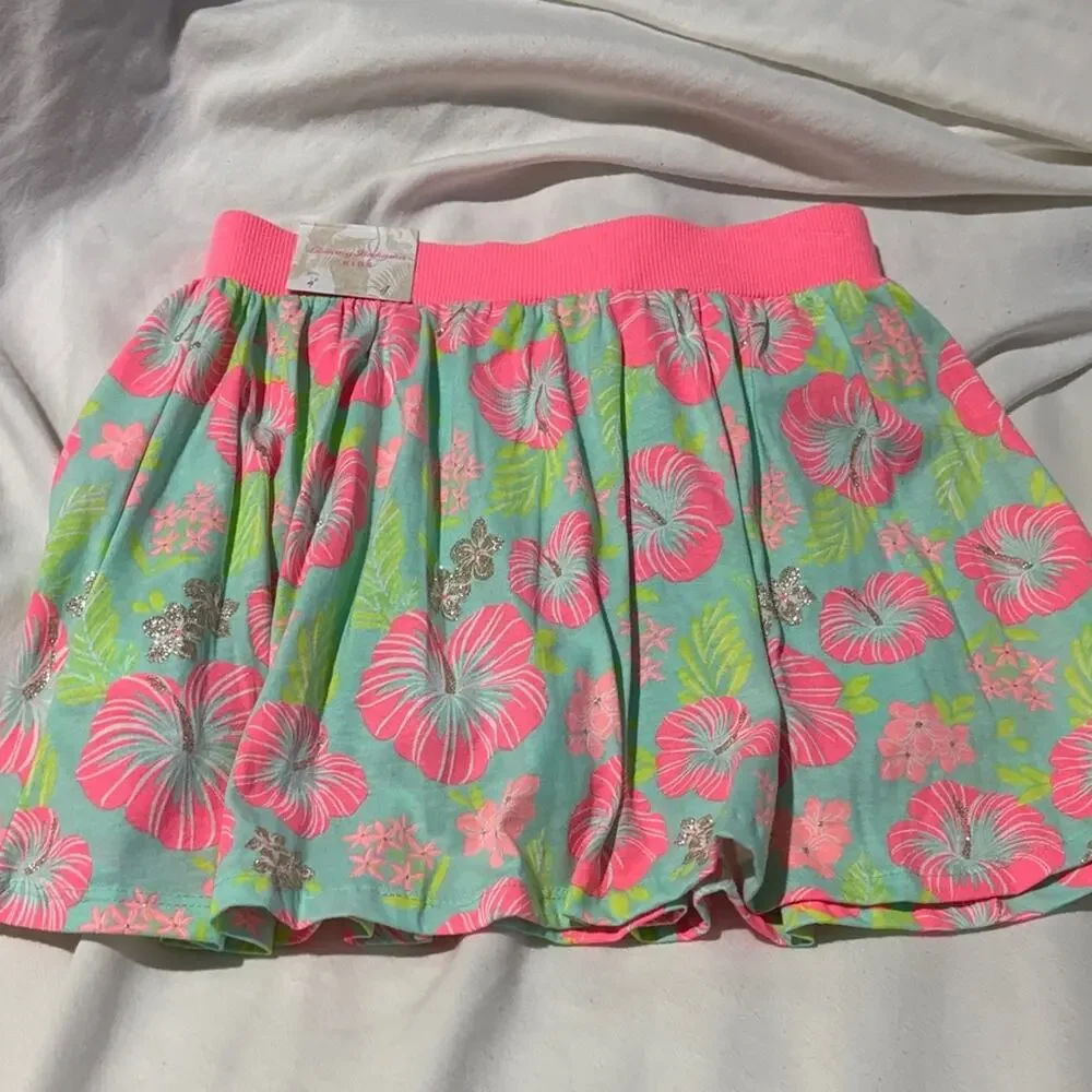 Tommy Bahama 7/8 Hibiscus Floral Skirt metalic accent Pink Green Design nwt